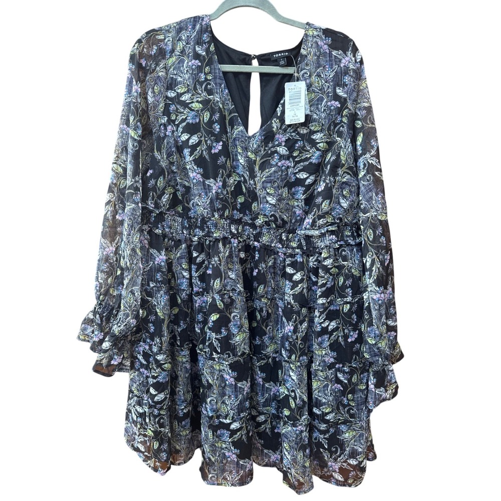 Torrid Floral Chiffon Lurex Tiered Mini Dress Black Multi 1X 14-16 40895085